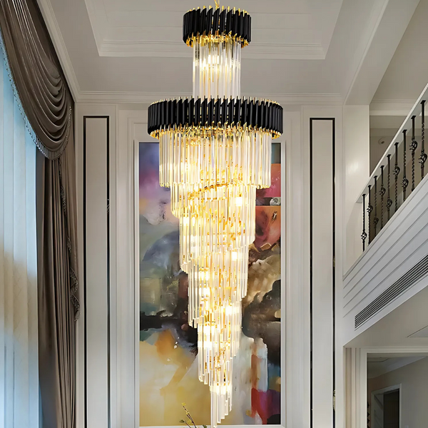 Candelabru Cristal VERSAILLES Ascendere 27xE14, Diametru 60cm, Auriu Lucios si Negru, Inaltime Reglabila