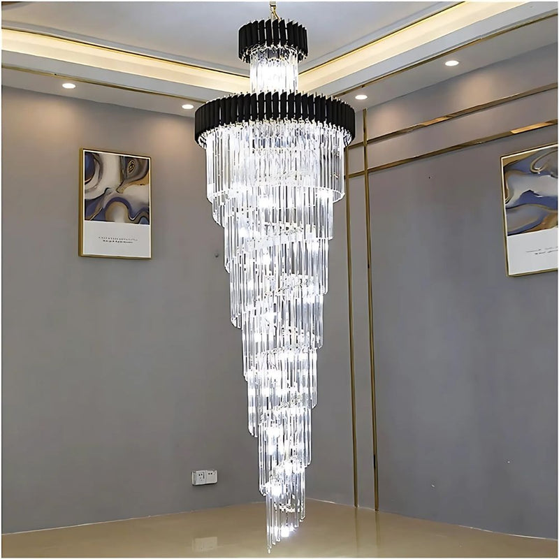Candelabru Cristal VERSAILLES Ascendere 27xE14, Diametru 60cm, Auriu Lucios si Negru, Inaltime Reglabila