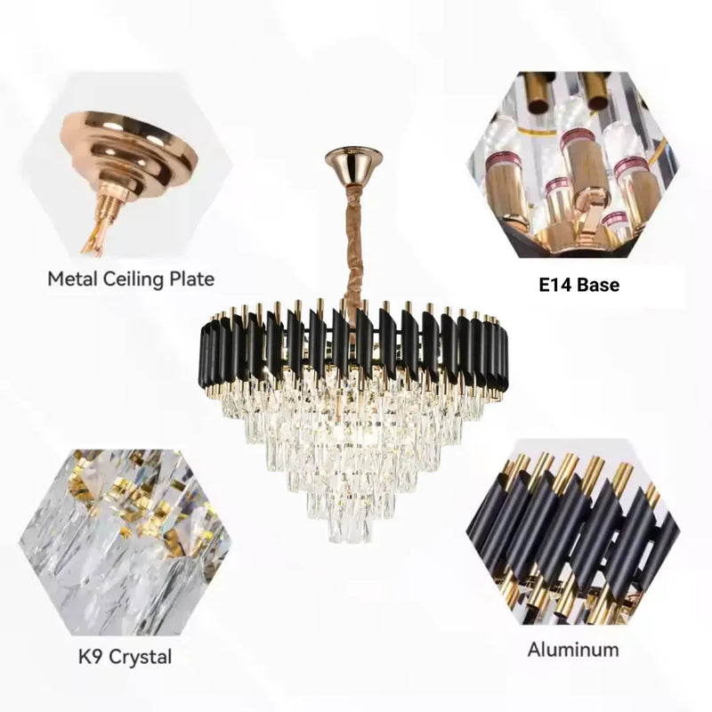 Candelabru Cristal VERSAILLES Magno 8xE27, Diametru 60cm, Auriu Lucios si Negru, Inaltime Reglabila