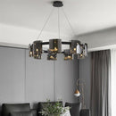 Candelabru Modern, Valmontreux Largo, 8xG9, Diametru 80cm, Negru si Cristale Cenusii, Inaltime Reglabila, Metal si Cristal