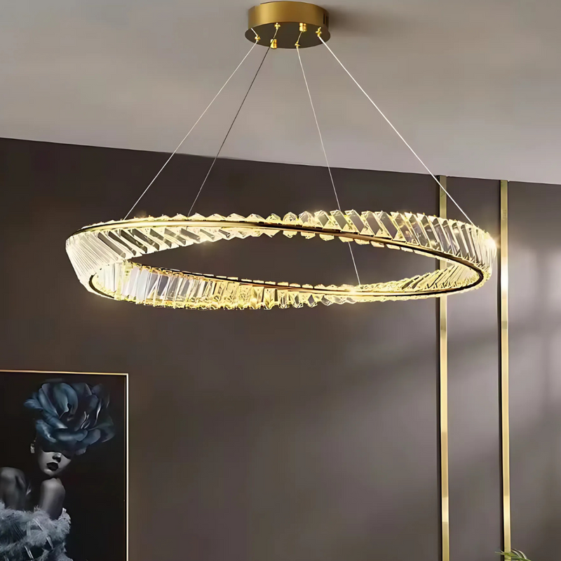 Lustra LED cu telecomanda si cristal LUIGI, 35W, lumina Rece/Calda/Neutra, Dimabila, Auriu