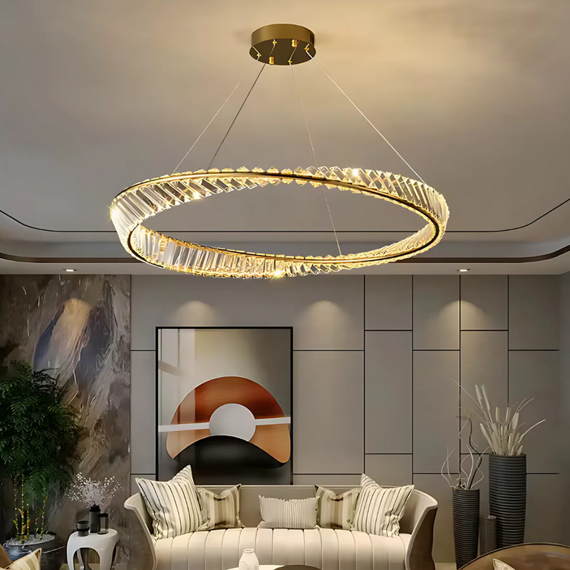 Lustra LED cu telecomanda si cristal LUIGI, 35W, lumina Rece/Calda/Neutra, Dimabila, Auriu