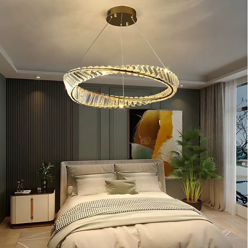Lustra LED cu telecomanda si cristal LUIGI, 35W, lumina Rece/Calda/Neutra, Dimabila, Auriu
