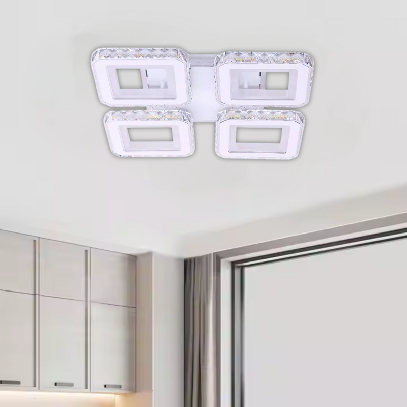 Lustra LED cu telecomanda si cristal LEILA RGB 79W, 4 Patrate, lumina Rece/Calda/Neutra, Dimabila, Alb Crom Lucios