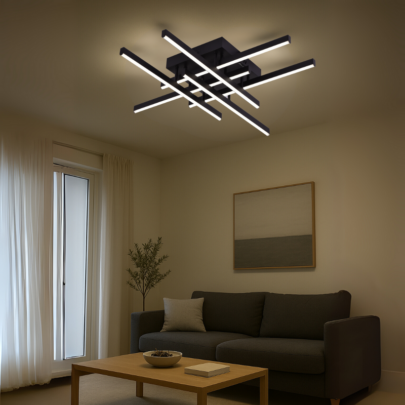 Lustra LED cu Telecomanda Aroldo, 63W, 6 Elemente, Liniara, lumina Rece/Calda/Neutra, Dimabila, Negru