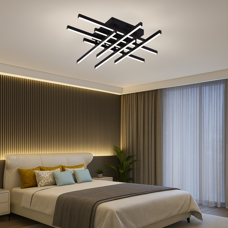 Lustra LED cu Telecomanda Aroldo, 90W, 8 elemente, Lumina Rece/Calda/Neutra, Dimabila, Negru