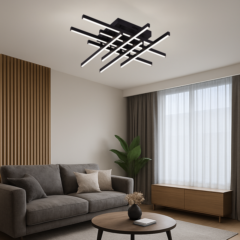Lustra LED cu Telecomanda Aroldo, 90W, 8 elemente, Lumina Rece/Calda/Neutra, Dimabila, Negru