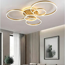 Lustra LED cu Telecomnda RINOVA, 5 cercuri, 137W, Lumina Calda/Rece/Neutra, Dimabila, Auriu