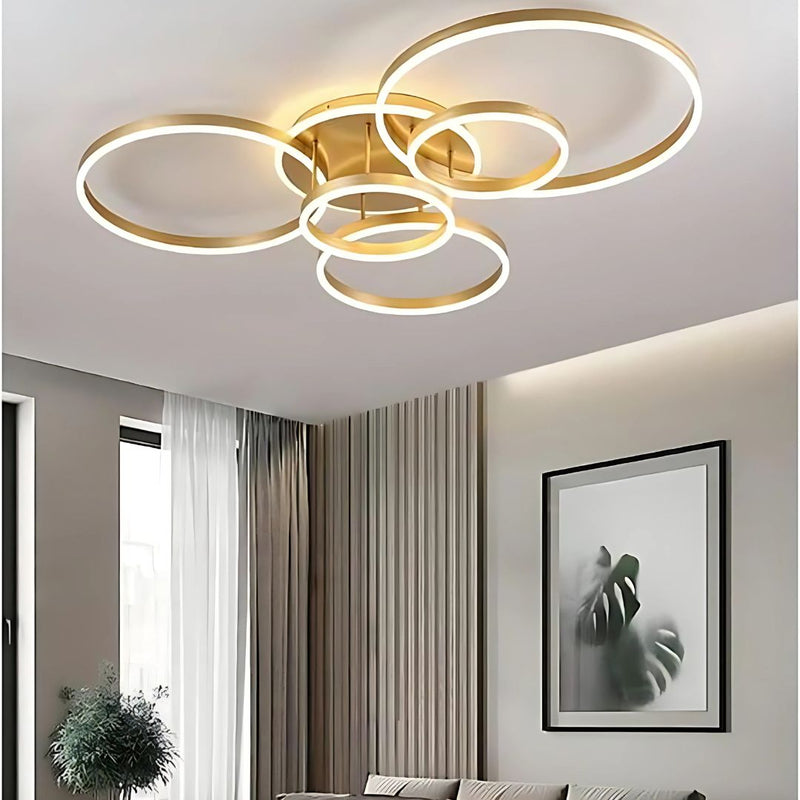Lustra LED cu Telecomnda DARIO, 5 cercuri, 120W, Lumina Calda/Rece/Neutra, Dimabila, Auriu