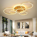 Lustra LED cu Telecomnda RINOVA, 5 cercuri, 137W, Lumina Calda/Rece/Neutra, Dimabila, Auriu