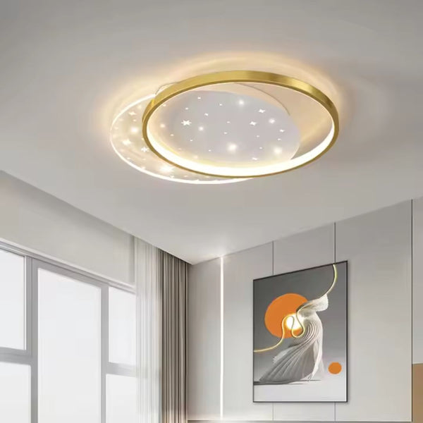 Lustra LED cu telecomanda LUNARO 110W, 2 Cercuri, lumina Rece/Calda/Neutra, Dimabila, Auriu Alb