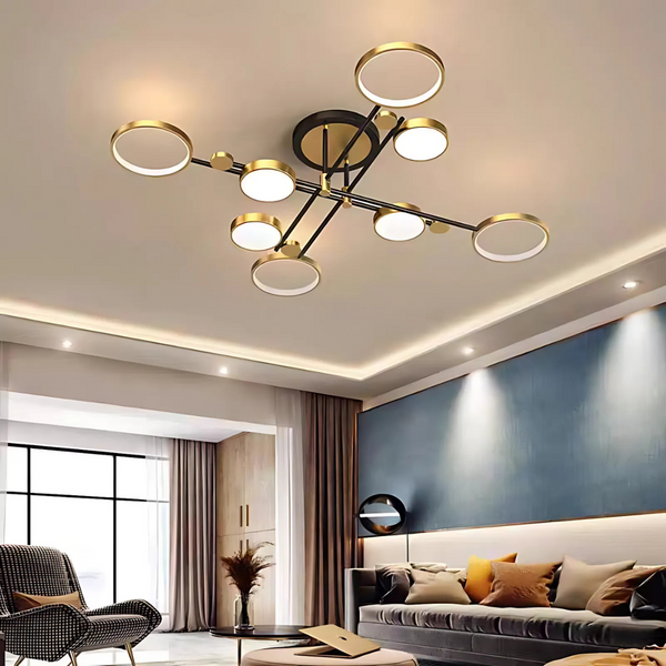 Lustra LED cu Telecomnda MARIA, 8 Elemente, 63W, Lumina Calda/Rece/Neutra, Dimabila, Auriu
