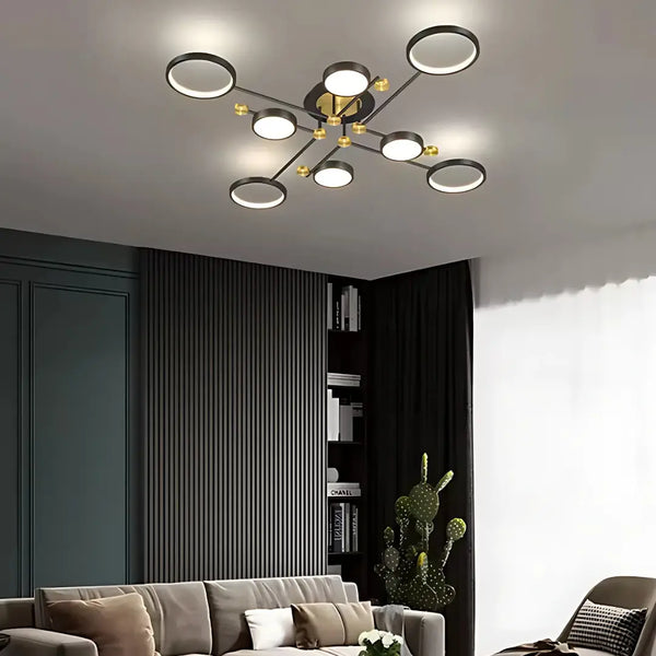Lustra LED cu Telecomnda MARIA, 63W, 8 Elemente, Lumina Calda/Rece/Neutra, Dimabila, Negru/Auriu