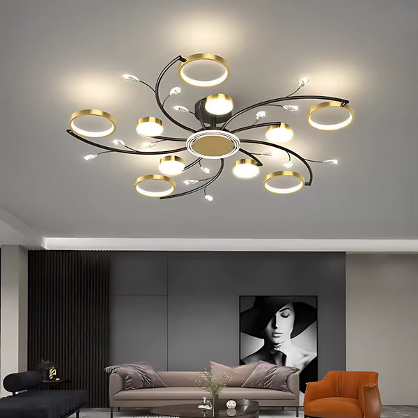 Lustra LED cu Telecomnda KARINA, 68W, 10 Elemente, Lumina Calda/Rece/Neutra, Dimabila, Auriu