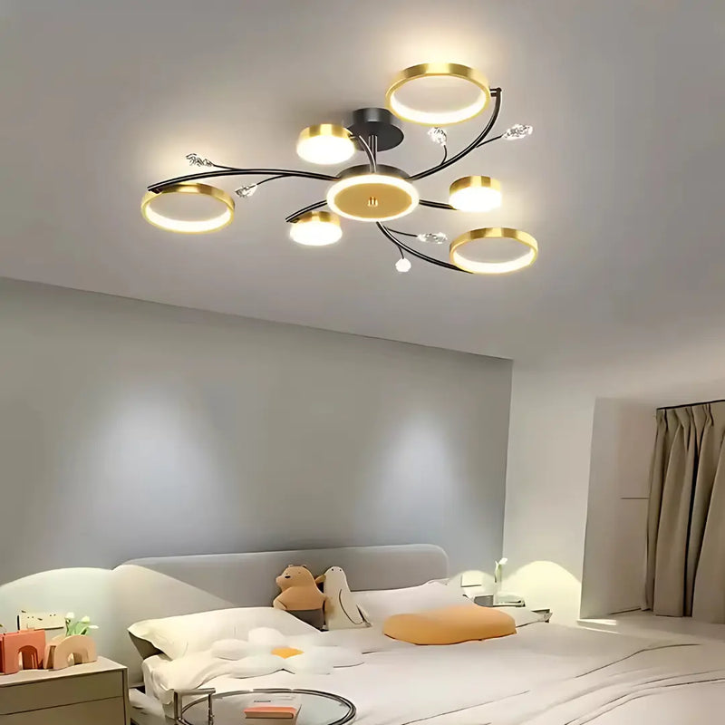 Lustra LED cu Telecomnda KARINA, 31W, 6 Elemente, Lumina Calda/Rece/Neutra, Dimabila, Auriu