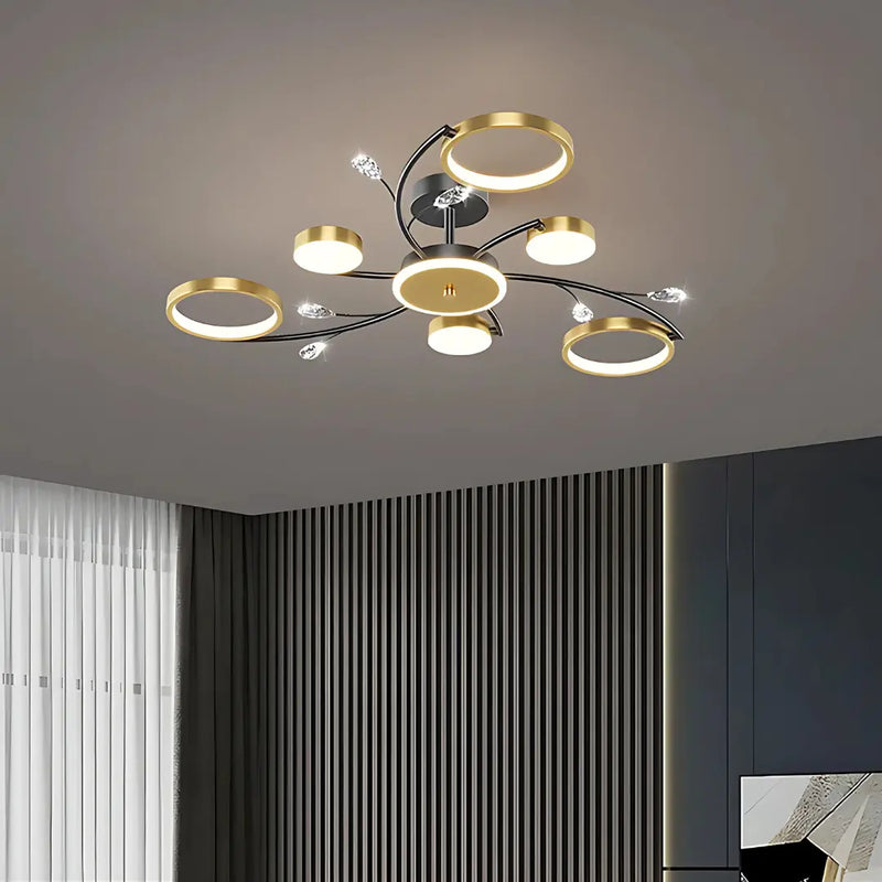 Lustra LED cu Telecomnda KARINA, 61W, 6 Elemente, Lumina Calda/Rece/Neutra, Dimabila, Auriu