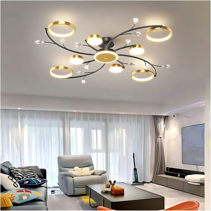 Lustra LED cu Telecomnda KARINA, 63W, 8 Elemente, Lumina Calda/Rece/Neutra, Dimabila, Auriu