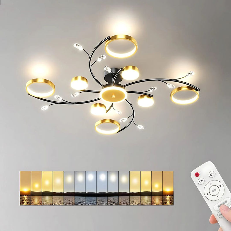 Lustra LED cu Telecomnda KARINA, 63W, 8 Elemente, Lumina Calda/Rece/Neutra, Dimabila, Auriu