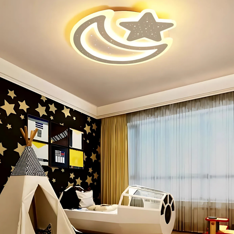 Lustra LED Nova cu Telecomanda, 91W,  Dimabil, Forma Luna si Stea, Alb