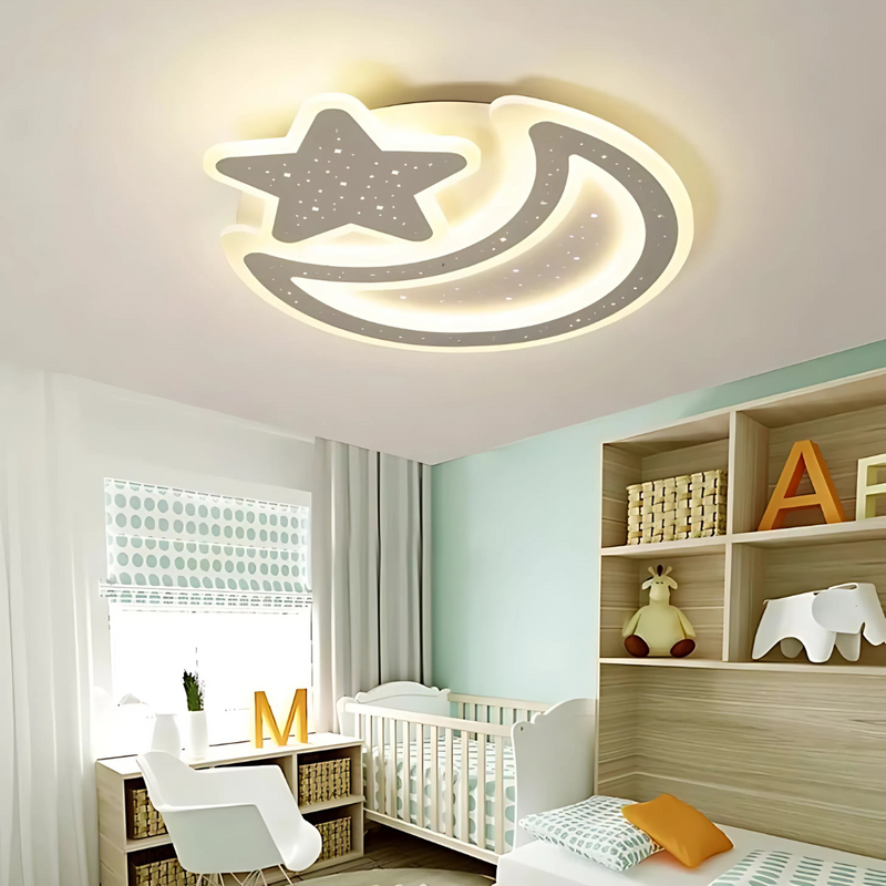 Lustra LED Nova cu Telecomanda, 91W,  Dimabil, Forma Luna si Stea, Alb