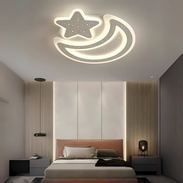 Lustra LED Nova cu Telecomanda, 91W,  Dimabil, Forma Luna si Stea, Alb