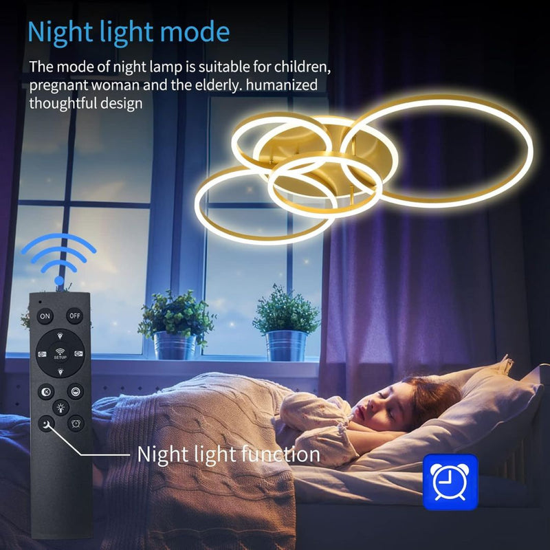 Lustra LED cu Telecomanda RINOVA, 4 cercuri, 112W, Lumina Calda/Rece/Neutra, Dimabila, Auriu