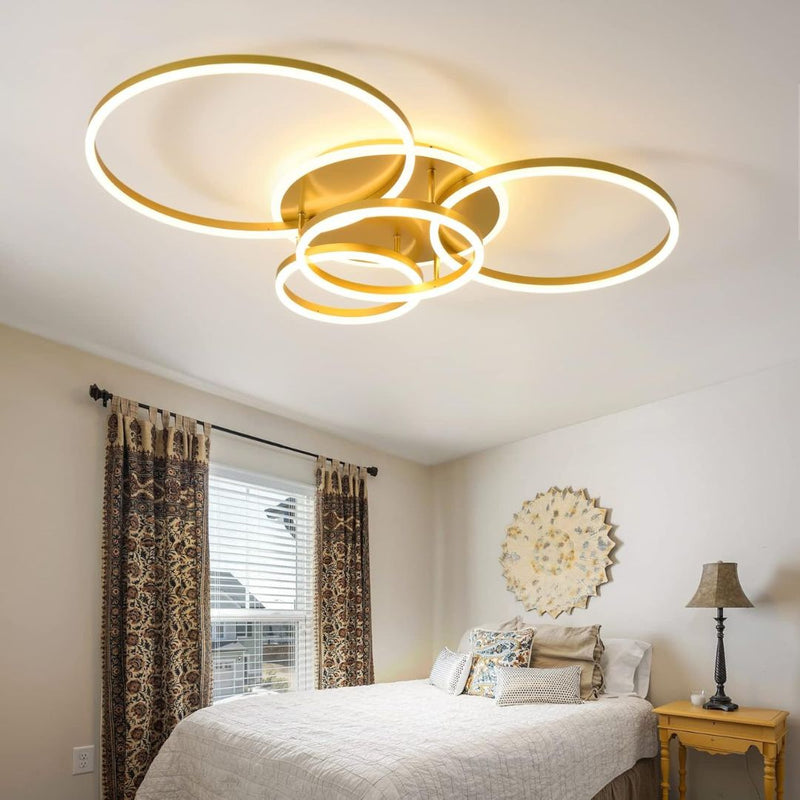 Lustra LED cu Telecomanda DARIO, 4 cercuri, 103W, Lumina Calda/Rece/Neutra, Dimabila, Auriu
