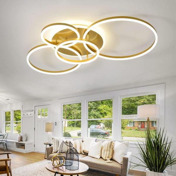 Lustra LED cu Telecomanda DARIO, 4 cercuri, 103W, Lumina Calda/Rece/Neutra, Dimabila, Auriu