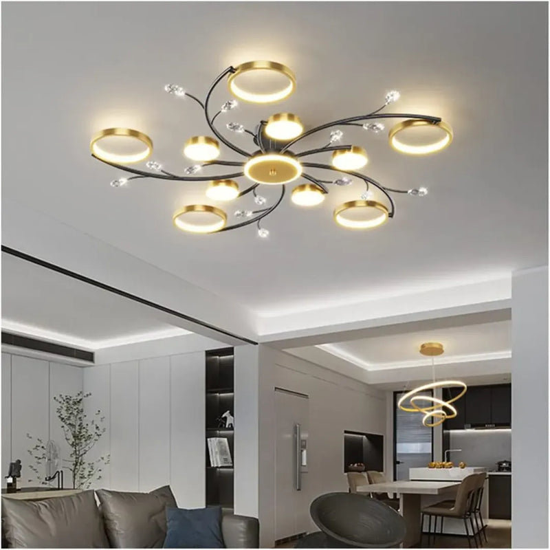 Lustra LED cu Telecomnda KARINA, 68W, 10 Elemente, Lumina Calda/Rece/Neutra, Dimabila, Auriu