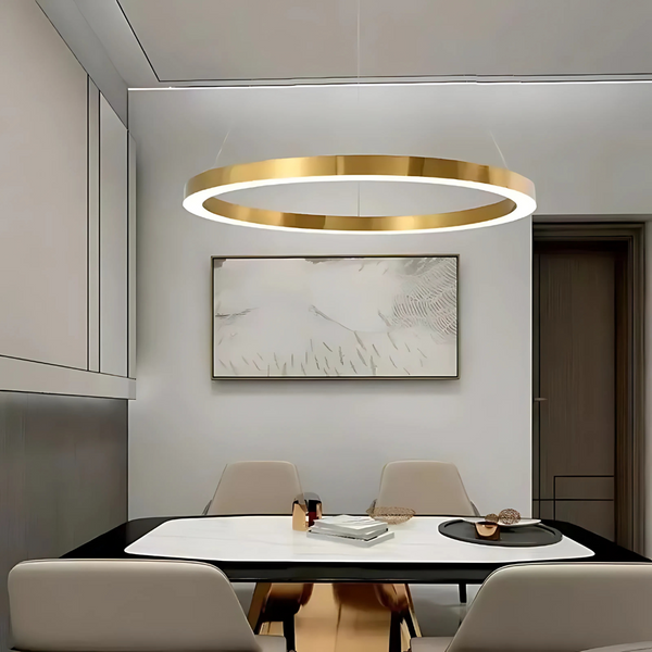 Lustra LED suspendata ANINA 33W, 1 Cerc, lumina Rece/Calda/Neutra, Dimabila, Auriu Lucios Alb, Inaltime Reglabila