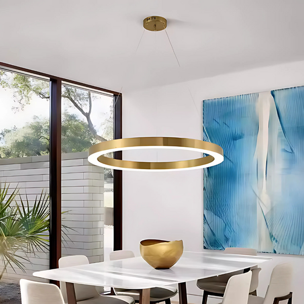 Lustra LED suspendata ANINA 33W, 1 Cerc, lumina Rece/Calda/Neutra, Dimabila, Auriu Lucios Alb, Inaltime Reglabila