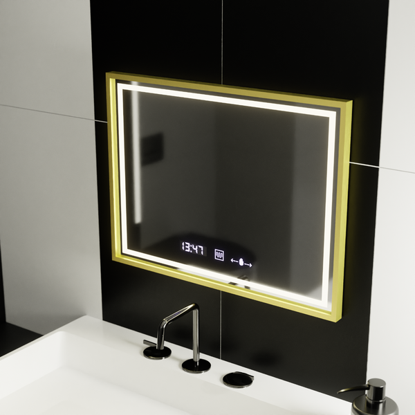 Oglindă LED rectangulară 80x60cm Verite Royale Gold cu MotionGlow, sistem dezaburire, ceas și termometru