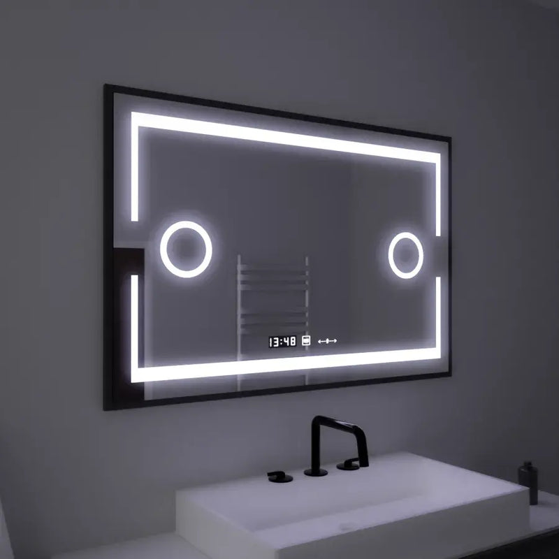 Oglinda LED Touch cu Functie Dezaburire Ceas si Lupa Cosmetica Rama Neagra 120x80 cm, colectia Marcello Funghi - LEDS