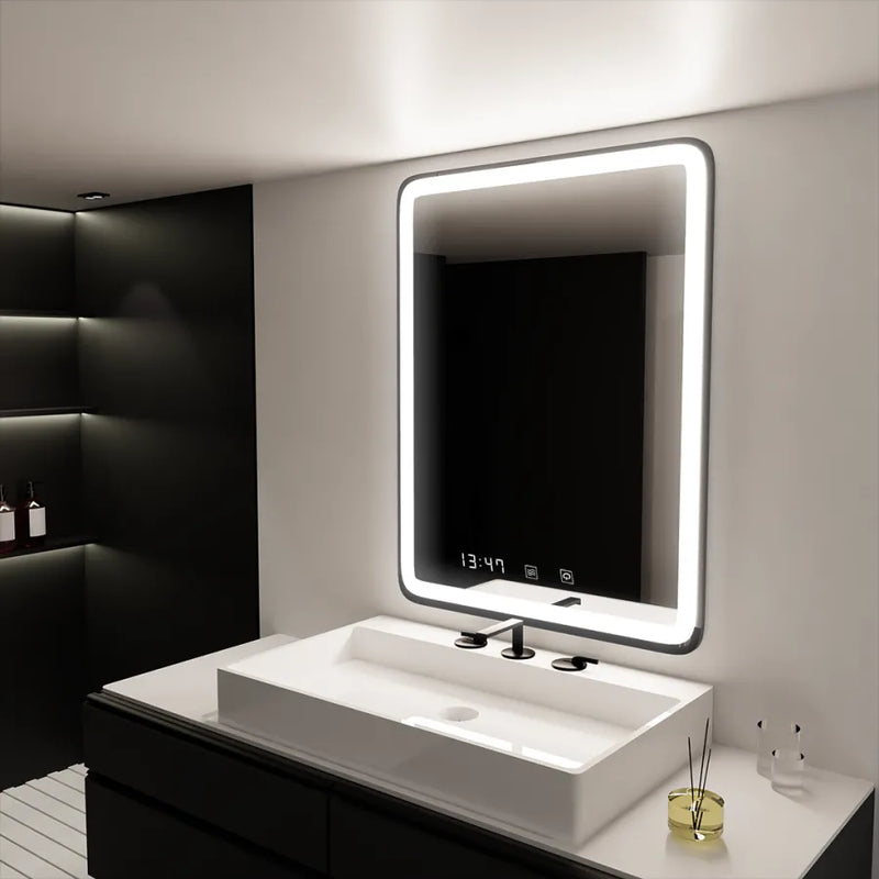 Oglinda LED Touch Favola Sistem Dezaburire Rama Neagra Ceas si Temperatura 75x90 cm Colectia Marcello Funghi - LEDS
