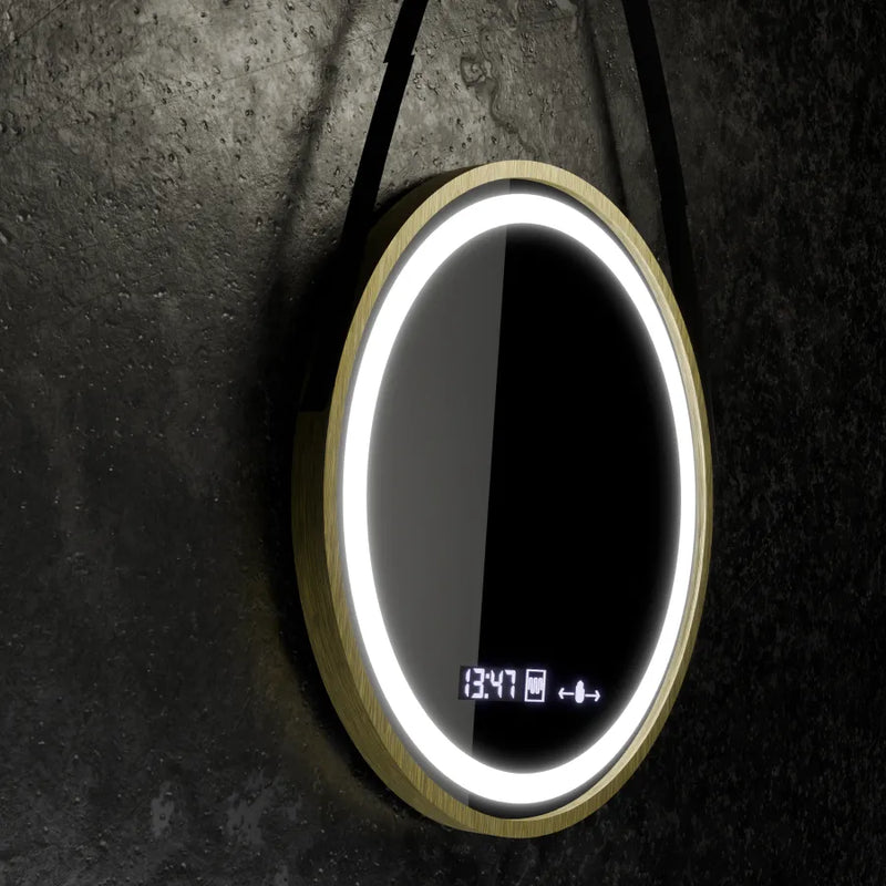Oglinda LED Rotunda, 60cm, Celeste Royale Gold Eleve MotionGlow Marcello, Sistem Dezaburire, Ceas & Termometru, Dimabila, Curea Detasabila
