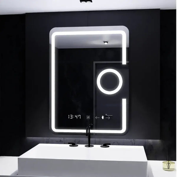 Oglinda LED Rectangulara, 110x75cm, Eclat MotionGlow Marcello, Sistem Dezaburire, Ceas & Termometru, Lupa Cosmetica, Dimabila