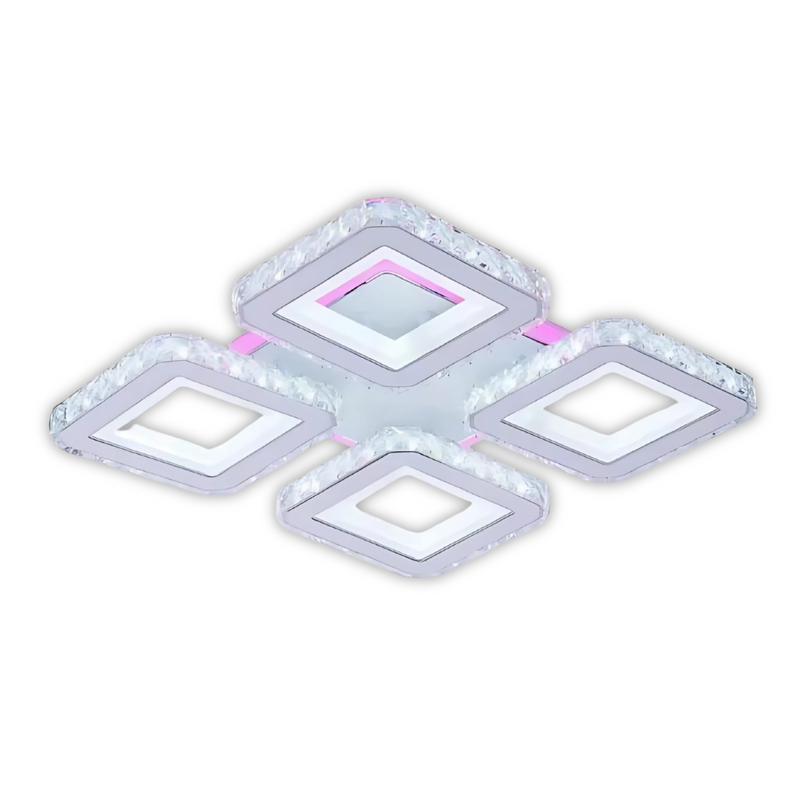 Lustra LED cu telecomanda si cristal LEILA RGB 79W, 4 Patrate, lumina Rece/Calda/Neutra, Dimabila, Alb Crom Lucios